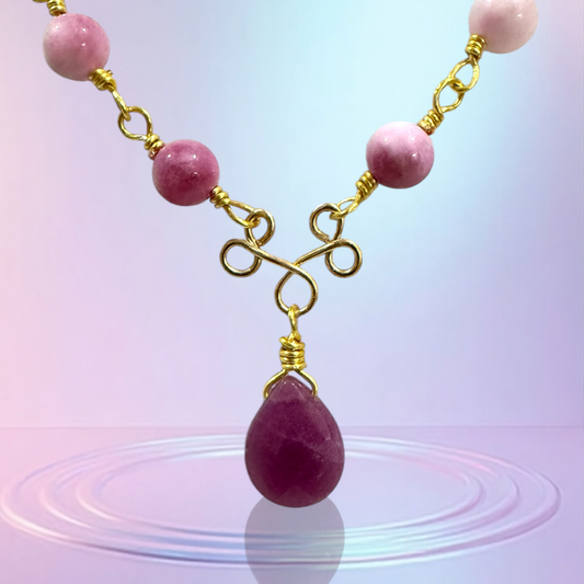 Fuchsia Rose Agate Necklace with Amethyst Teardrop Pendant 17”
