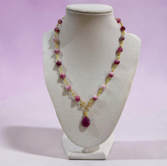 Fuchsia Rose Agate Necklace with Amethyst Teardrop Pendant 17”