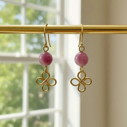 Petite Fushia Rose Earrings with Wire-wrapped Clover 1 1/2”