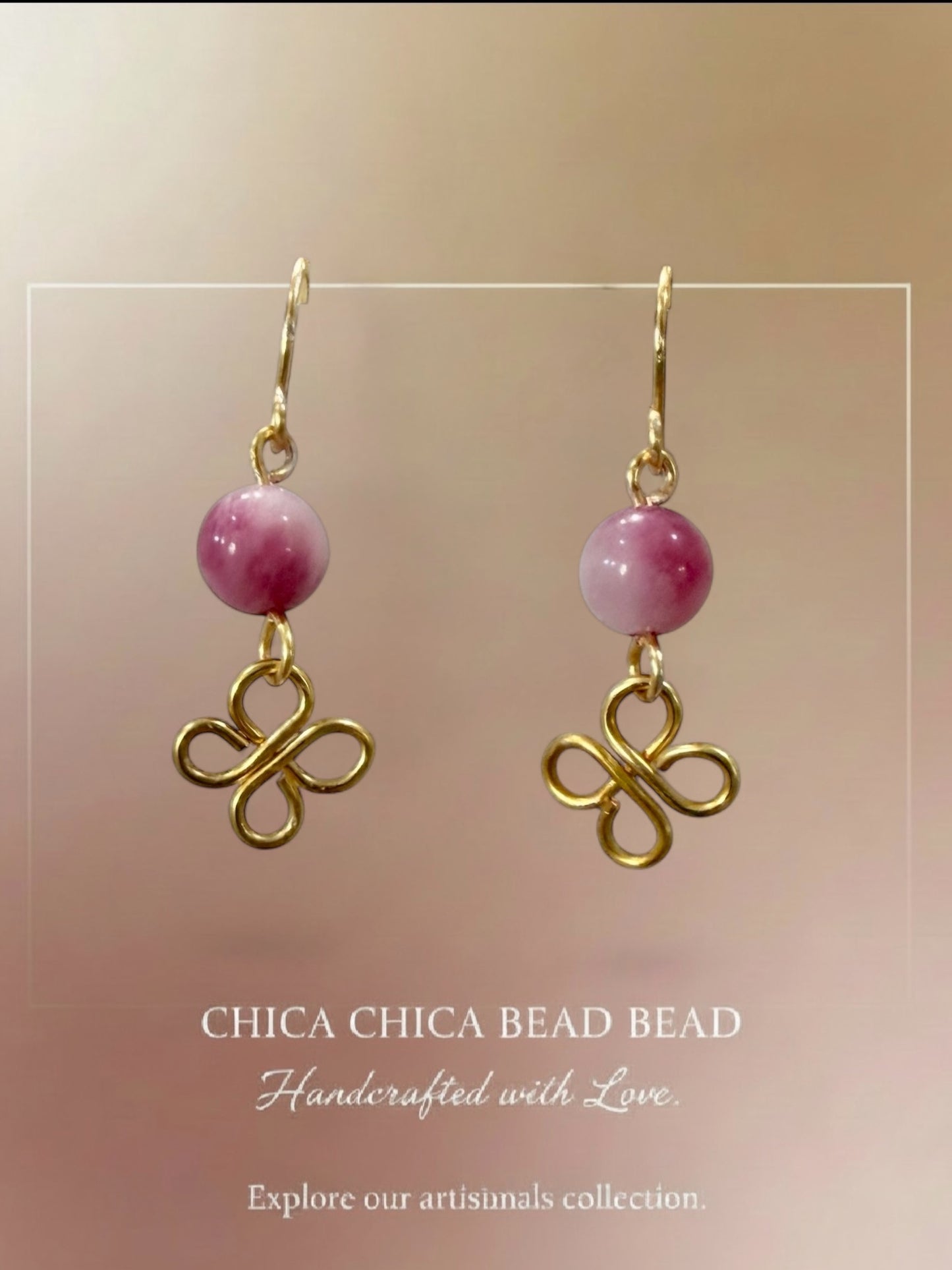 Petite Fushia Rose Earrings with Wire-wrapped Clover 1 1/2”