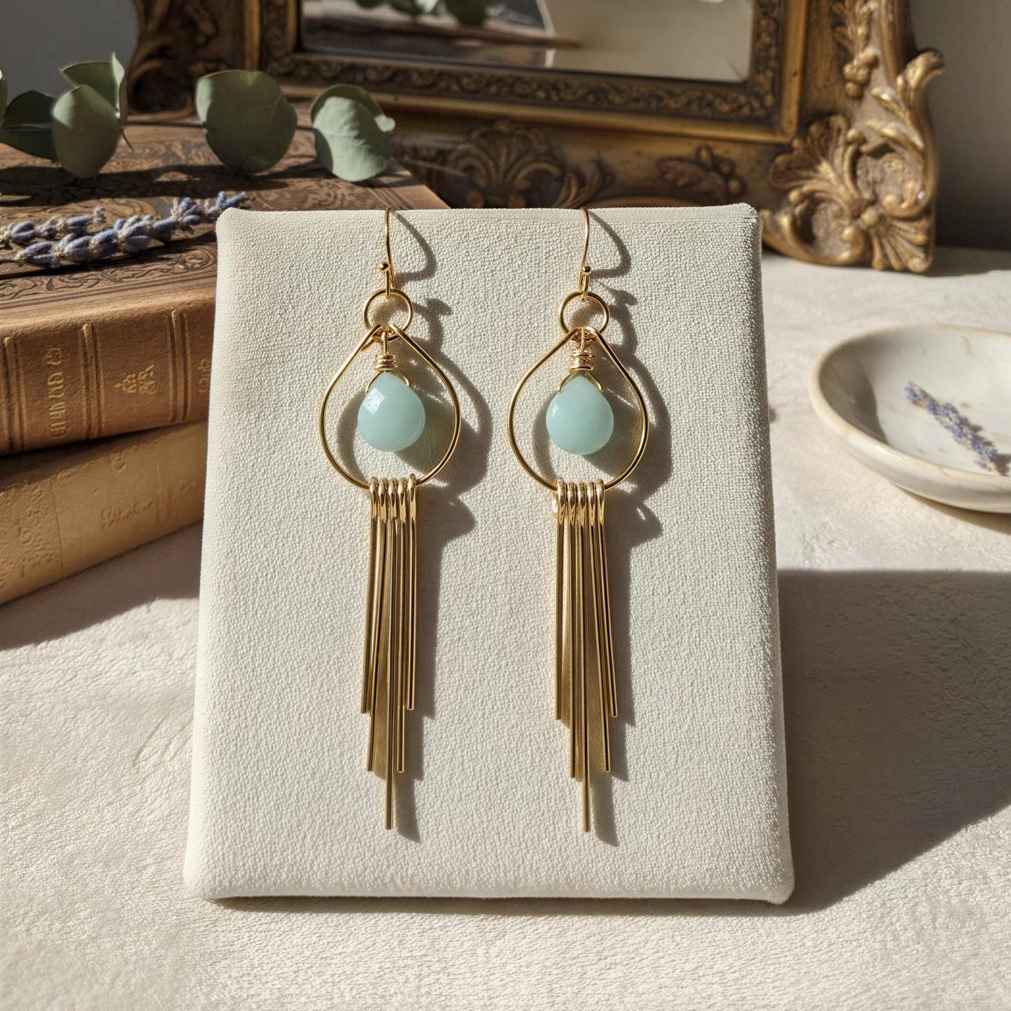 Amazonite Briolette Earrings with Swahing Fringes  3 1/2”