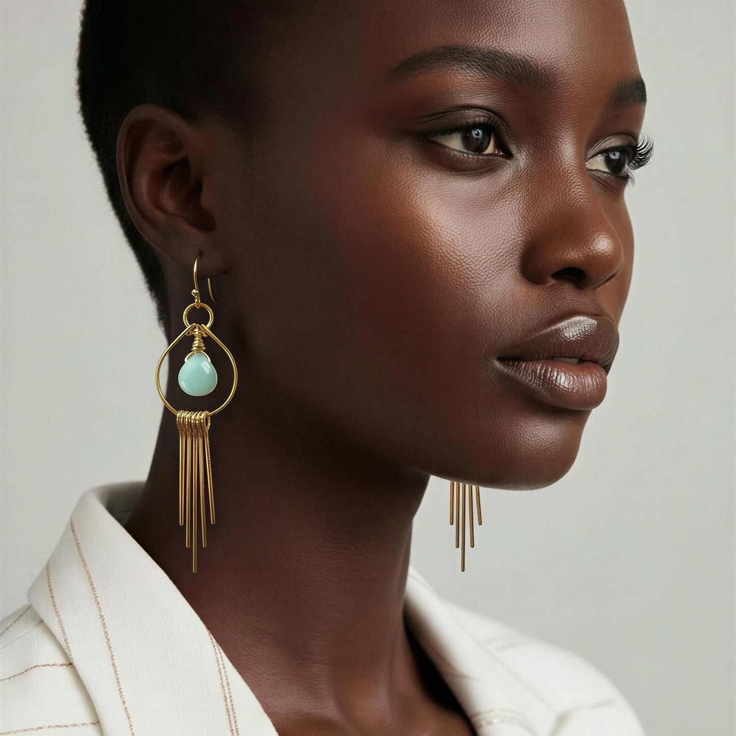 Amazonite Briolette Earrings with Swahing Fringes  3 1/2”