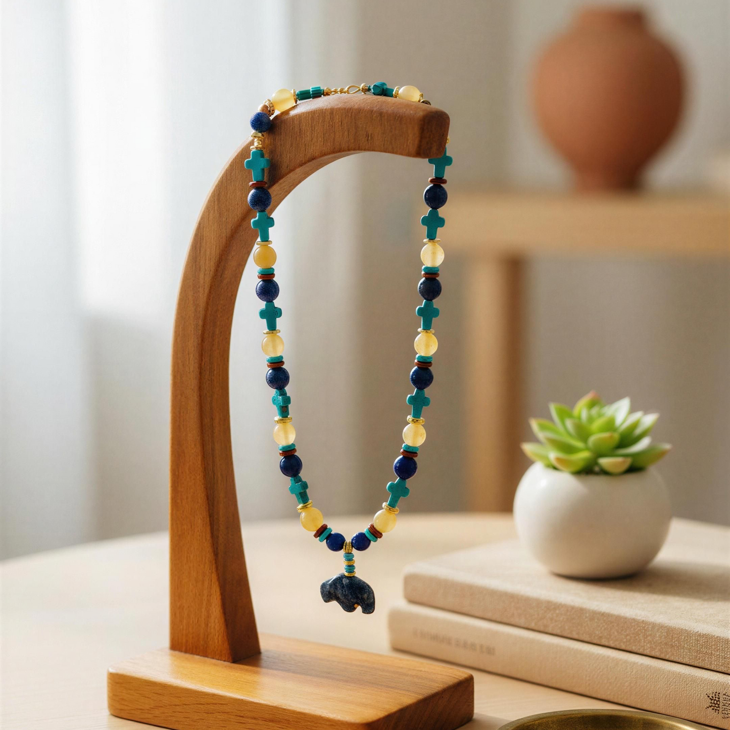 Citrine, Red Jasper, Lapis Gemstone Necklace with Turquoise Cross and Lapis Buffalo Pendant 19.5”
