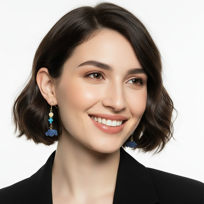 Drop & Dangle Earrings with Citrine, Red Jasper, and Turquoise Crosses featuring Carved Lapis Buffalo 2.5”