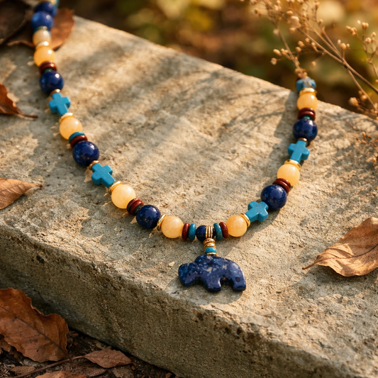 Citrine, Red Jasper, Lapis Gemstone Necklace with Turquoise Cross and Lapis Buffalo Pendant 19.5”