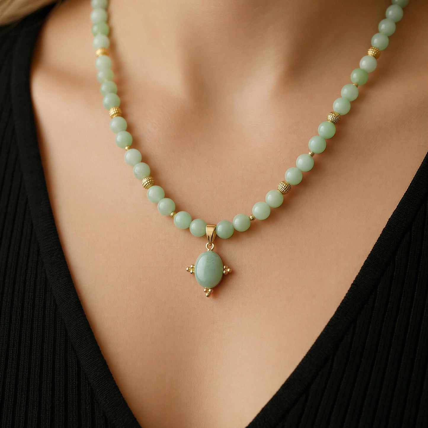Green Jade Necklace featuring a Beautiful Carved Amazonite Pendant 16” with 2” Extension
