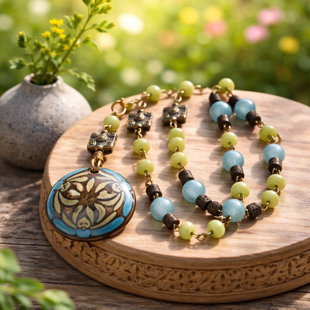 Multi-colored Necklace with Green Jade, Aquamarine, and Brown Wooden Beads with Enamel Pendant 30"
