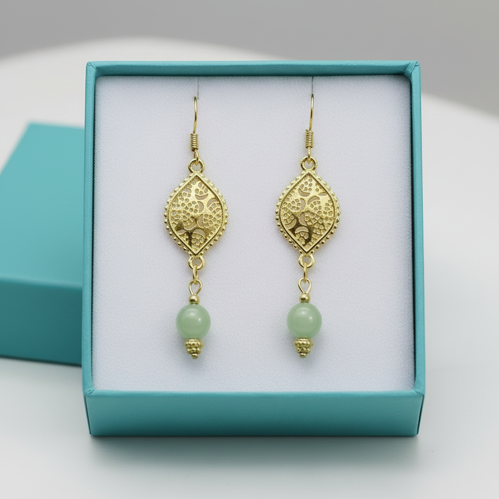 Green Jade Earrings with Rhodium Component 2.25”