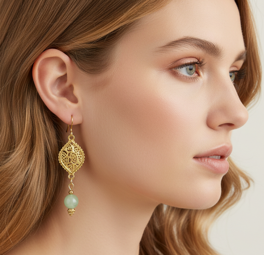 Green Jade Earrings with Rhodium Component 2.25”