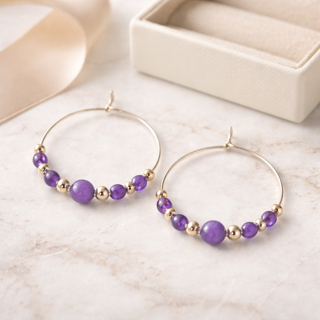 Amethyst and 18K gold-Beaded Hoops  1.25”