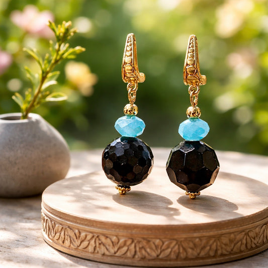 Earrings with Aquamarine Glass Beads and Large Black Faceted Spheres 2.75”