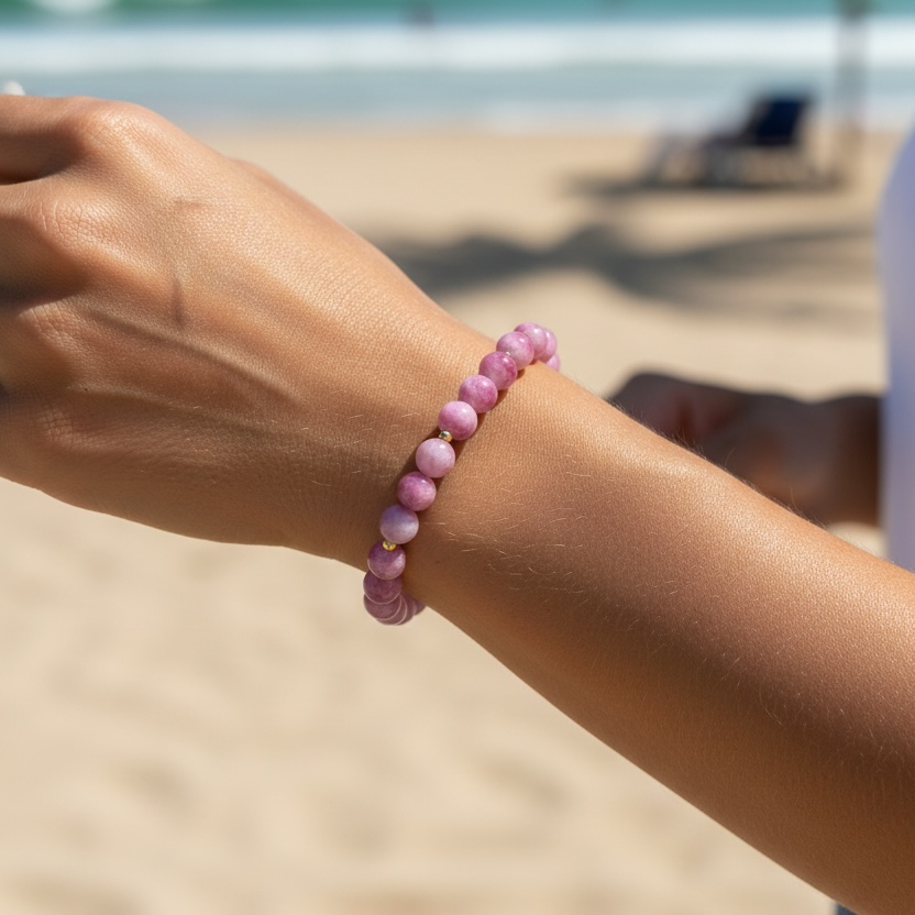Bracelet | Fushia Rose Agate | 18K Gold-filled Round Beads | Stretch