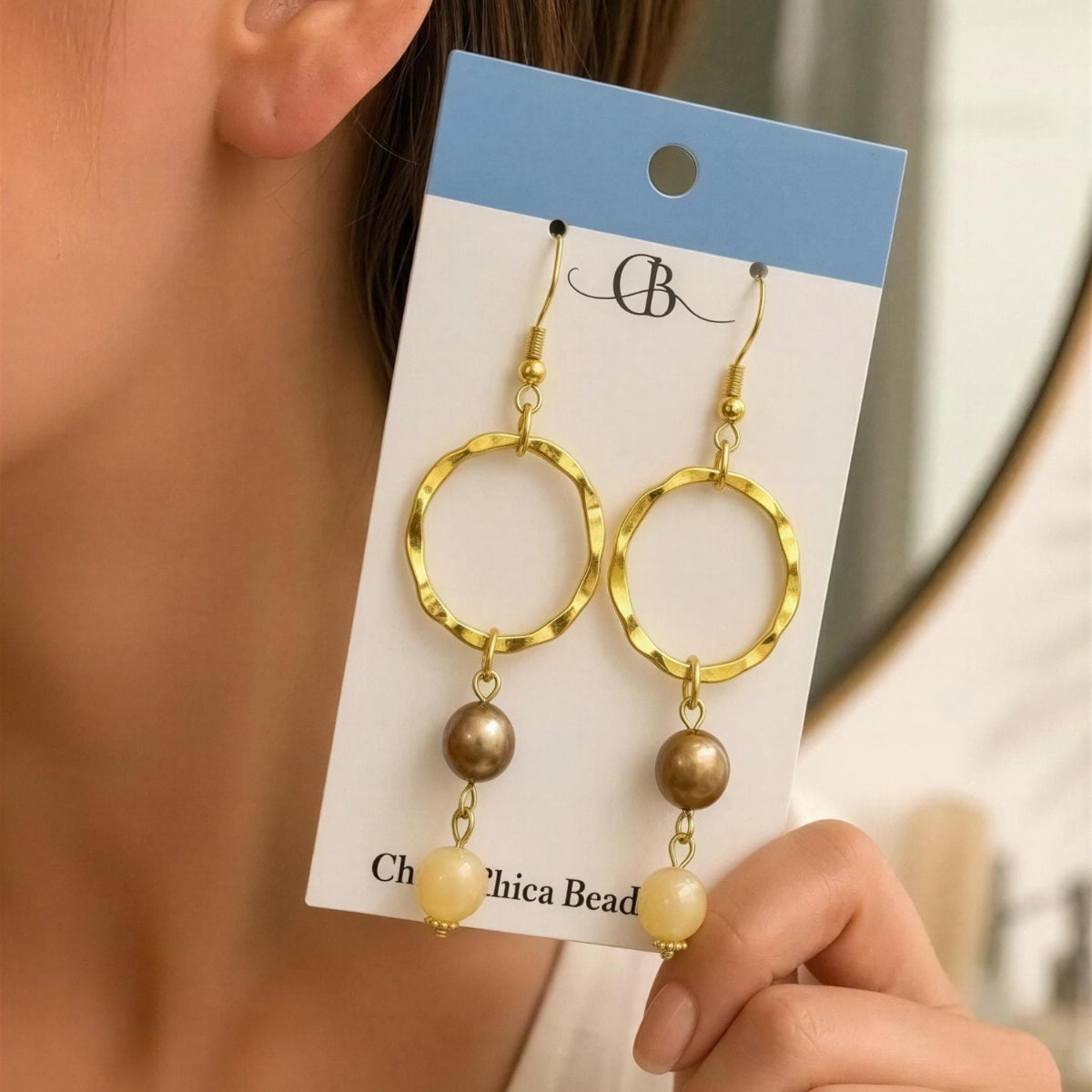 Earring | Yellow Jade & Bronze Freshwater Pear | Drop and Dangle | 2.75"