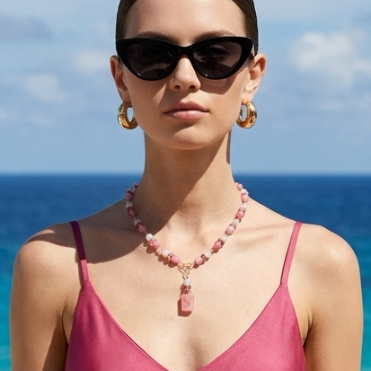 Necklace| Cherry Quartz | Wire-wrapped Connectors | Pink Jade | Glass Czech Beads | Moonstone | 16”