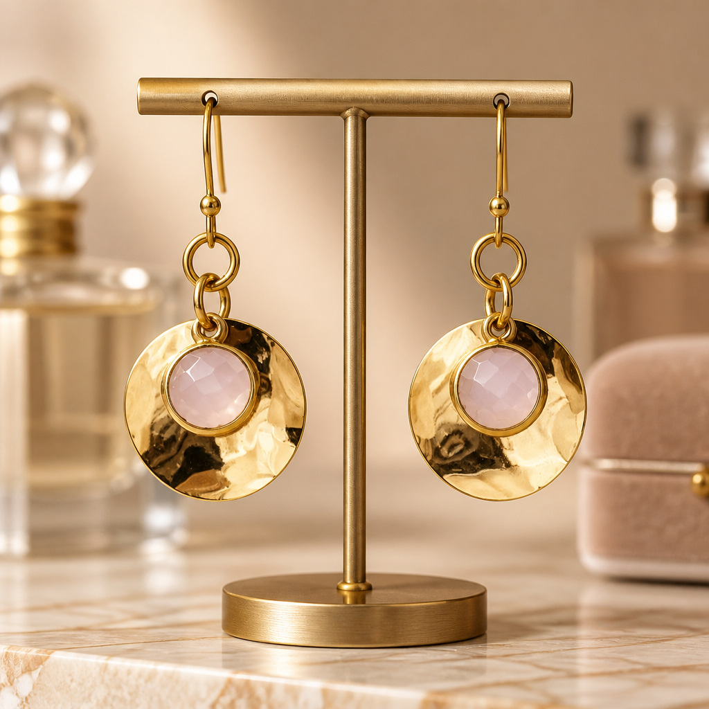 Earrings | Pink Quartz | 18K Gold-plated Wavy Round Component | 1.5"