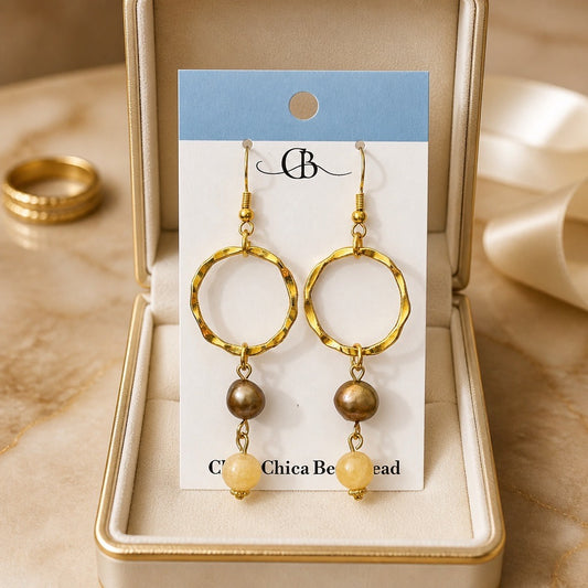 Earring | Yellow Jade & Bronze Freshwater Pear | Drop and Dangle | 2.75"