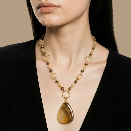 Necklace | Long Yellow & Bronze with Large Teardrop Shell Pendant | 36"