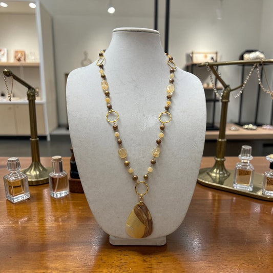 Necklace | Long Yellow & Bronze with Large Teardrop Shell Pendant | 36"