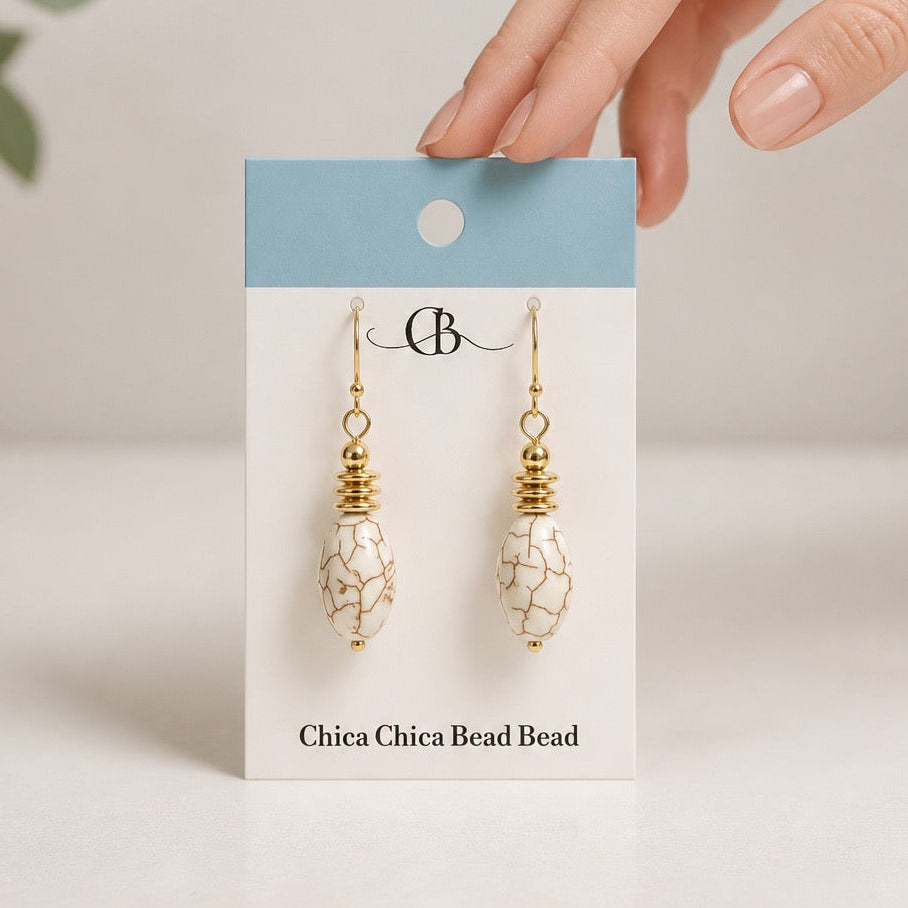 Earrings | Cream White Howlite | 18K Gold-plated Saucer Spacers | 1.5"