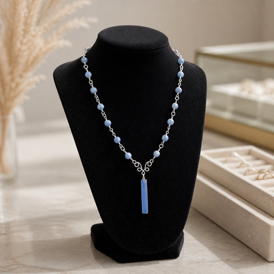 Necklace | Speckled Sodalite | Blue Chalcedony Pendant | Wire-Wrapped | 18"