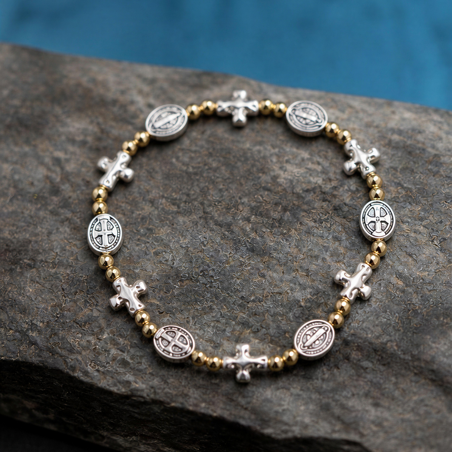 Bracelet | Religious Oval | Mini-Cross | 18K Gold-Filled Beads | Antique Silver | Stretch