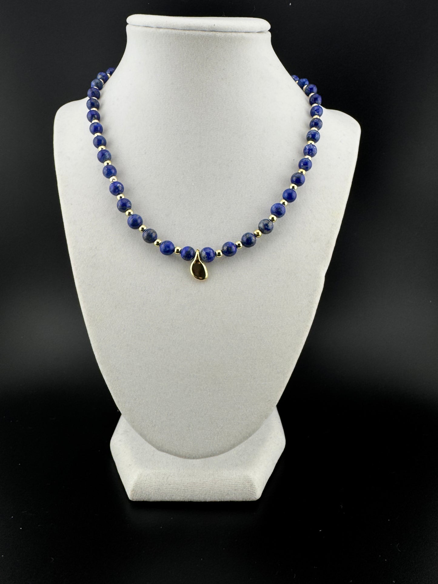 Lapis and Gold Necklace with Unique Focal Bead 16”