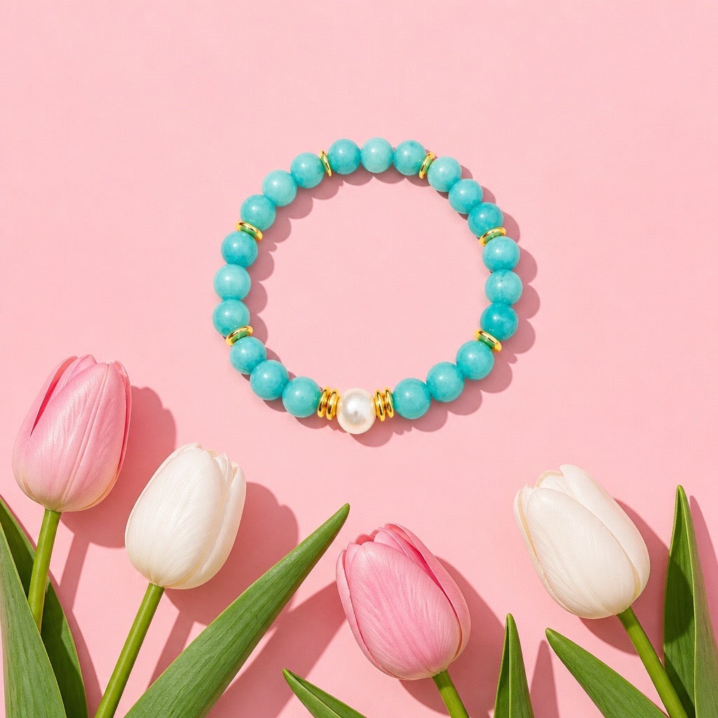Bracelet | Freshwater Pearl | Aqua Jade Gemstones | 18K Gold-plated Saucer beads | Stretch