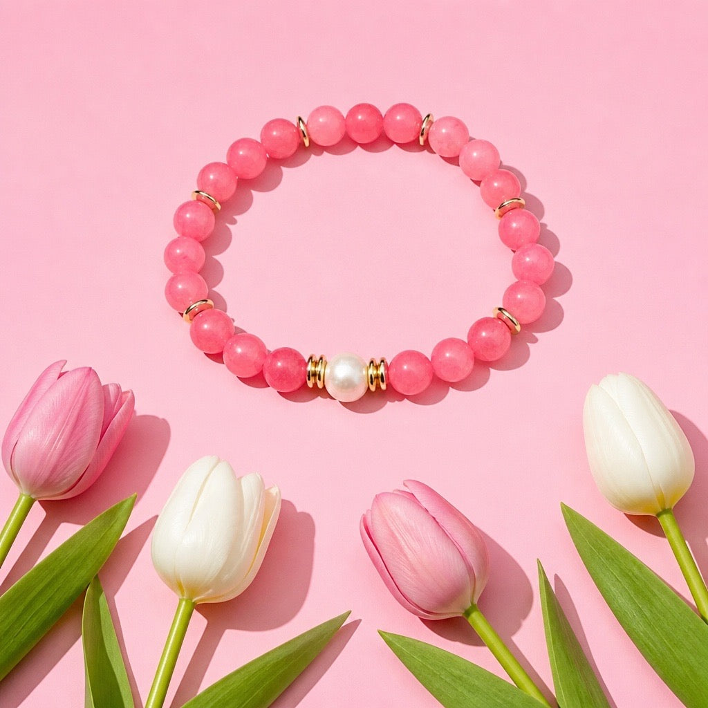 Bracelet | Freshwater Pearl | Coral Jade Gemstones | 18K Gold-plated Saucer beads | Stretch
