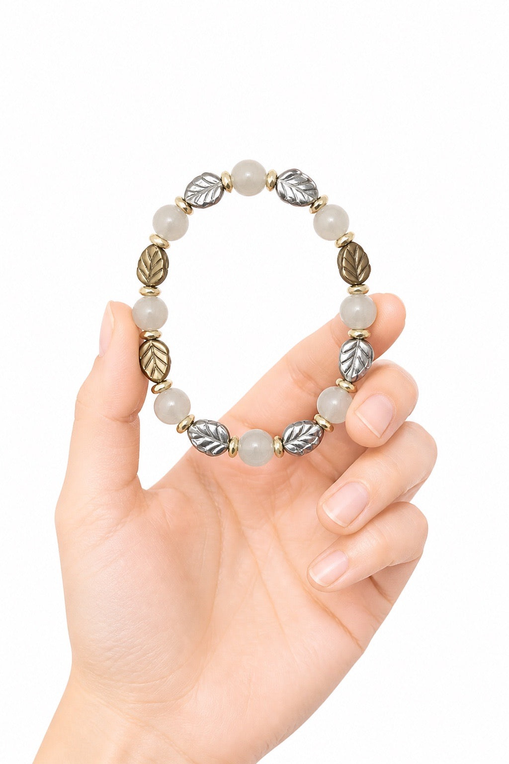 Bracelet | Czech Beads | Gold and Silver Leaves | Moonstone | Silver-Plated Discs | Stretch