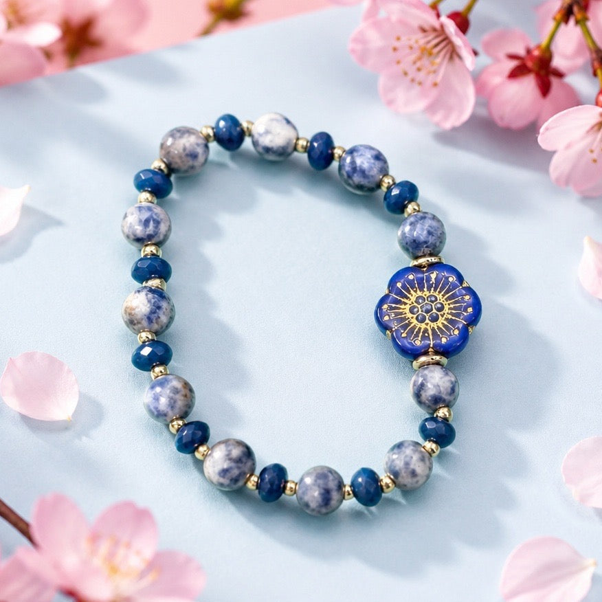 Bracelet | Sodalite | Czech Cobalt Blue Glass Flower | Golf-filled Round Beads | Stretch