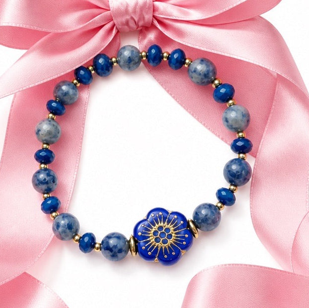 Bracelet | Sodalite | Czech Cobalt Blue Glass Flower | Golf-filled Round Beads | Stretch