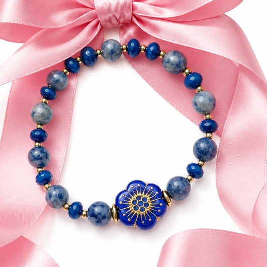 Bracelet | Sodalite | Czech Cobalt Blue Glass Flower | Golf-filled Round Beads