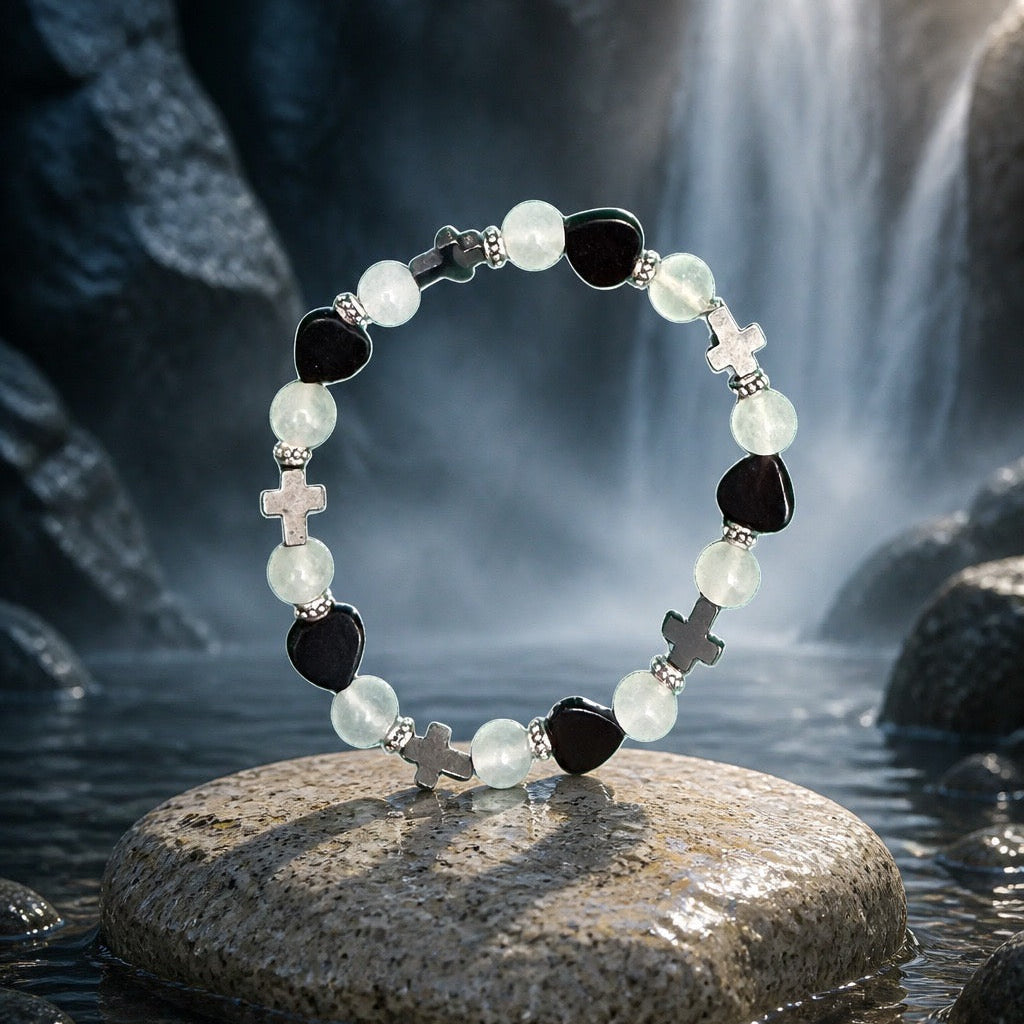Bracelet | Onyx Mini-hearts | White Moonstone | Hematite Crosses | Stretch