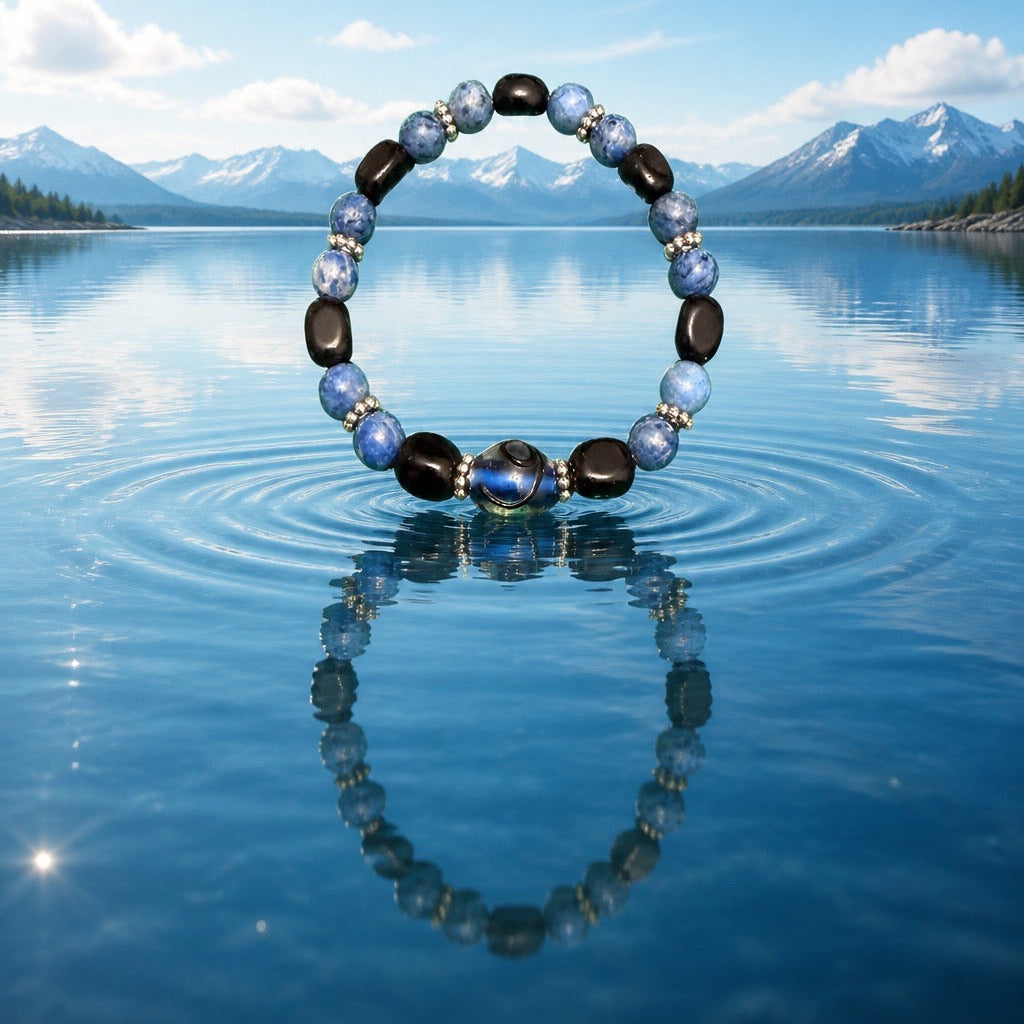 Bracelet | Blue Lampwork Focal | Sodalite | Onyx | Pewter Beaded Spacers | Stetch Cording