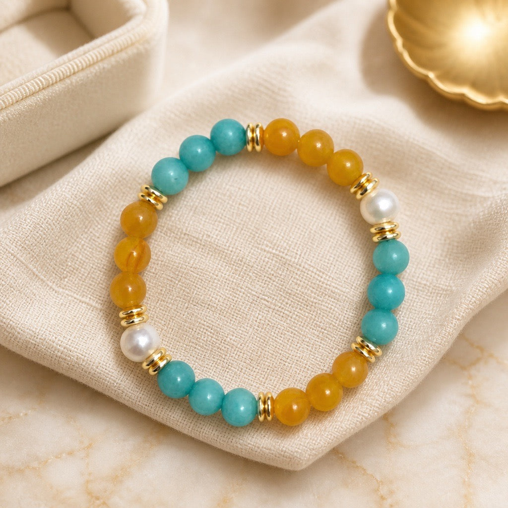 Bracelet | Turquoise and Light Yellow Jade Beads | Freshwater Pearls | 18K Gold-plated Saucer Spacers | Stretch