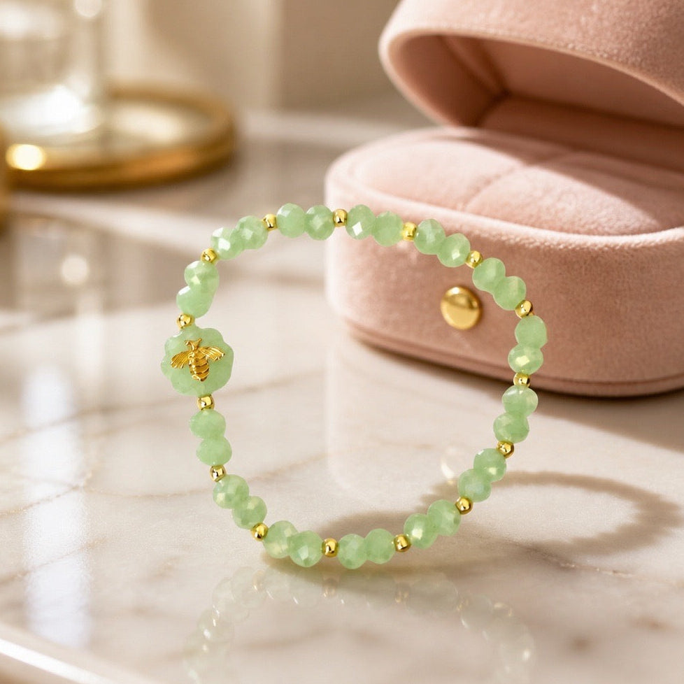 Bracelet | Green Bee Bead | Green Faceted Glass Rhondell | 18K GF Round Beads | Stretch