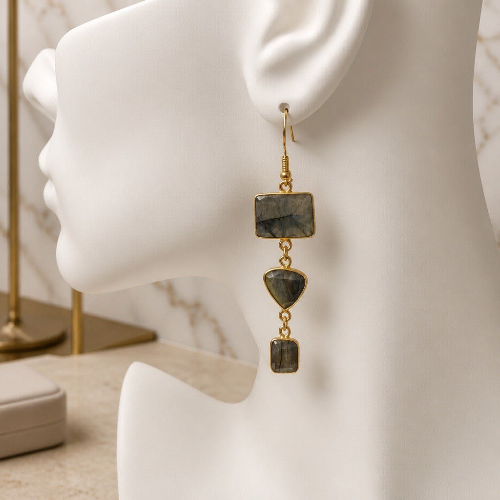 Earrings | Labradorite | 3 Tiers | 18K Gold-Plated | 2.75