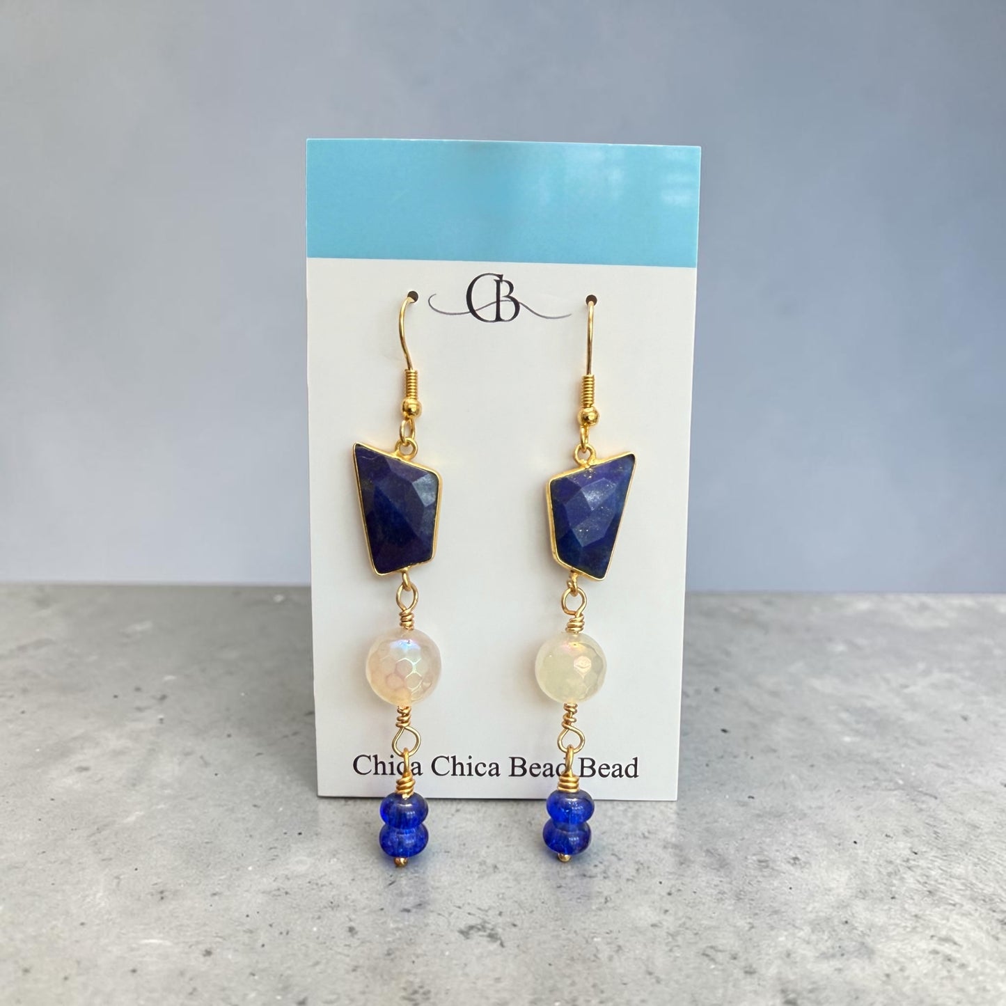 Earrings | 3 Tiered | Lapis | Moonstone | Cobalt Blue Glass| 18K Gold-Plated | 2”