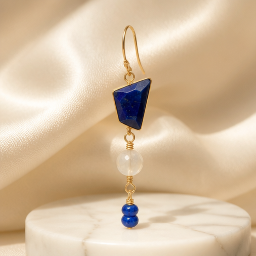 Earrings | 3 Tiered | Lapis | Moonstone | Cobalt Blue Glass| 18K Gold-Plated | 2”