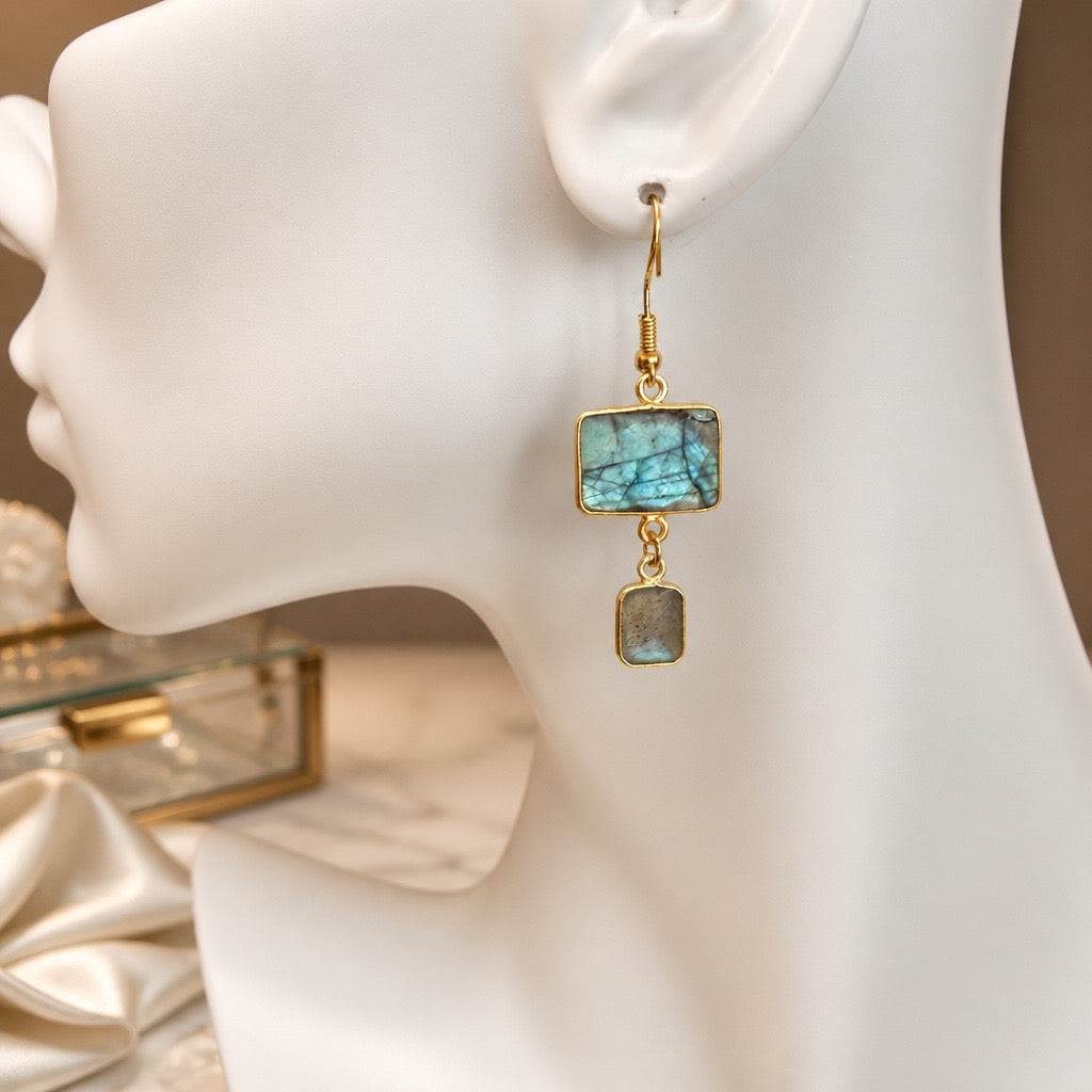 Earrings | Labradorite | 2 Tiers | 18K Gold-Plated | 2”