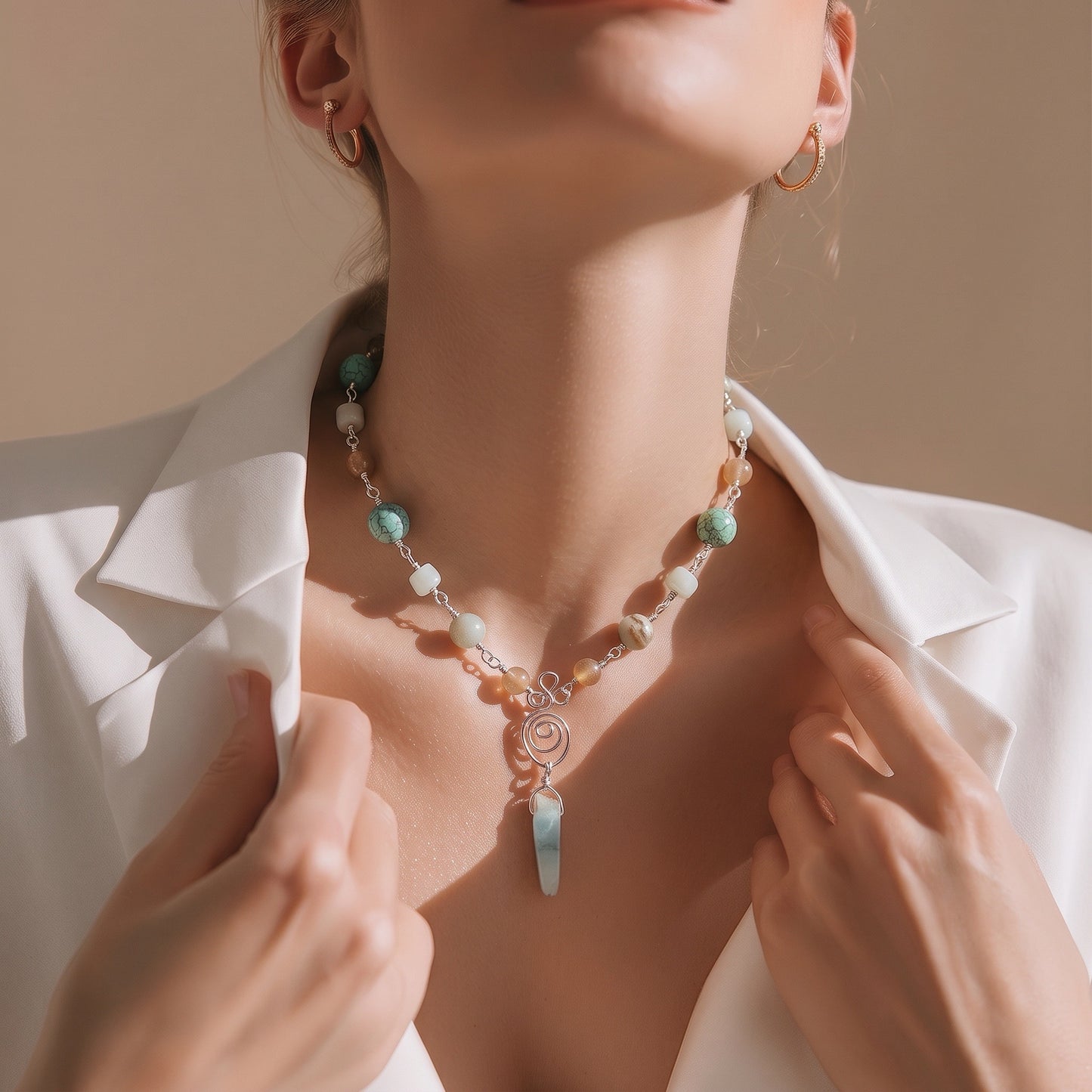 Necklace | Amazonite | Wire-wrapped | Handmade Spiral Connector |  | 17"