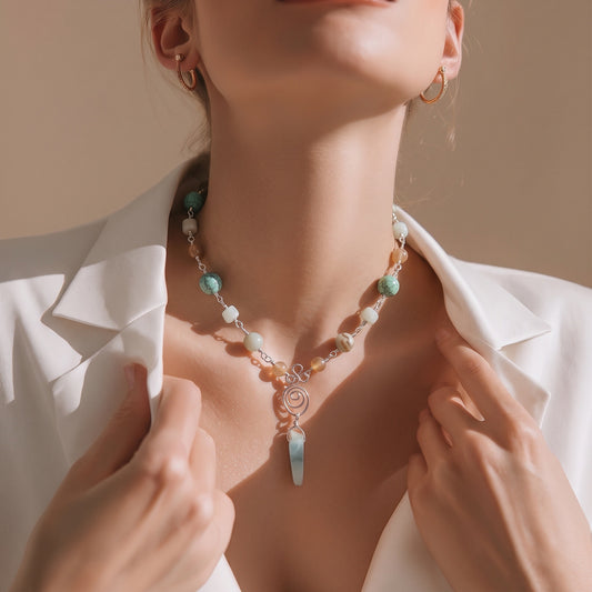 Necklace | Amazonite | Wire-wrapped | Handmade Spiral Connector |  | 17"