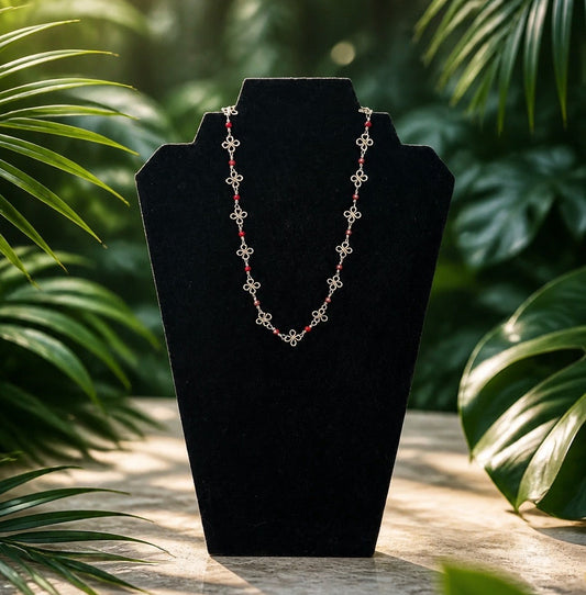 Wire-wrapped Silver Clover Necklace with Red Czech Beads | 16”