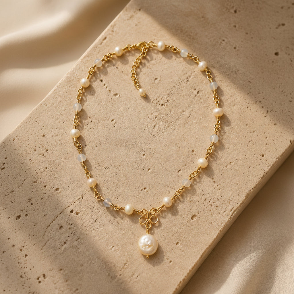 Freshwater Pearl and Moonstone Wire-wrapped Necklace