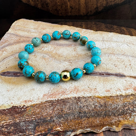 Turquoise Magnetite and Gold Beaded Bracelet 7.25"