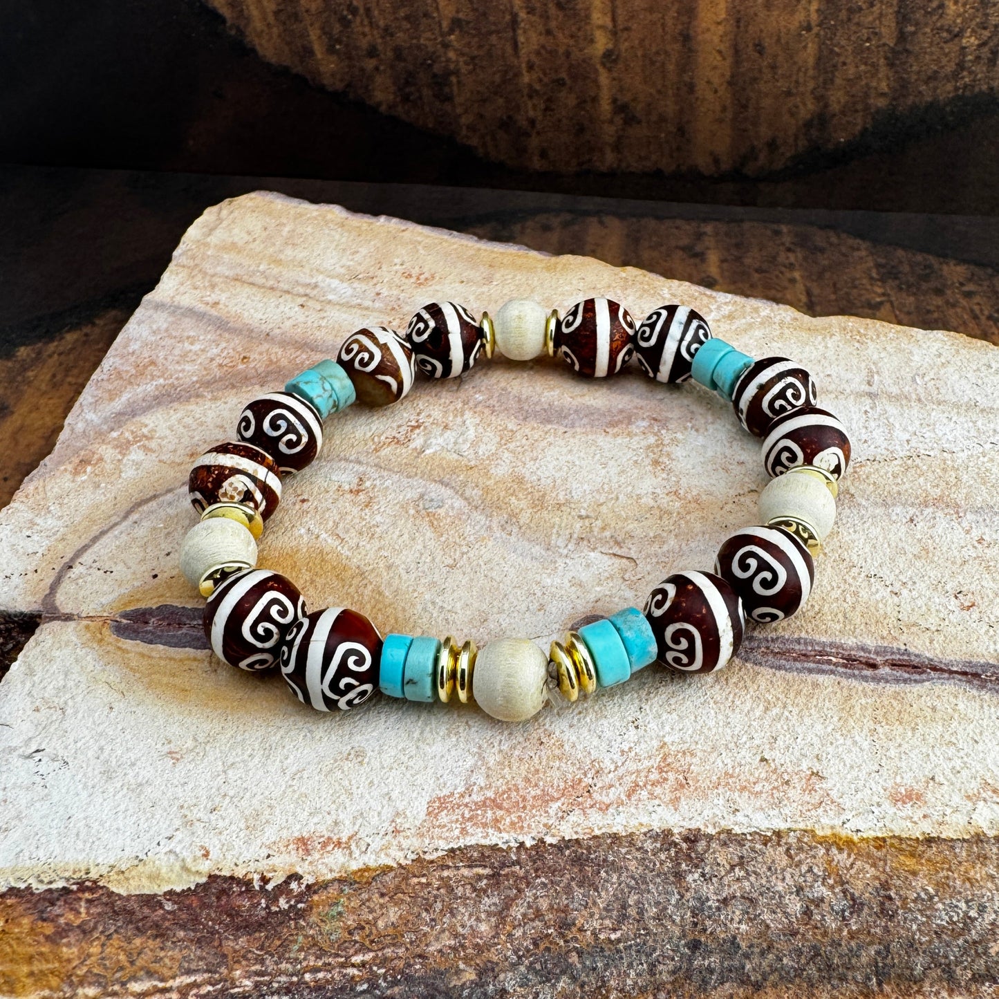 Handpainted Brown Gemstone with Turquoise Magnesite, Off-White, and Gold Beads 7.75"