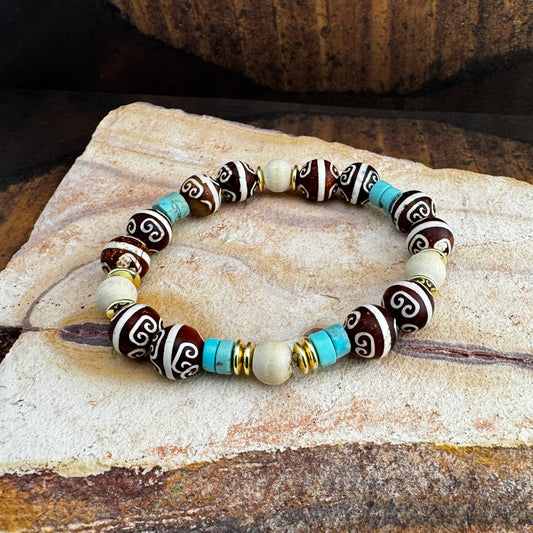 Handpainted Brown Gemstone with Turquoise, Off-White, and Gold Beads 7.75"