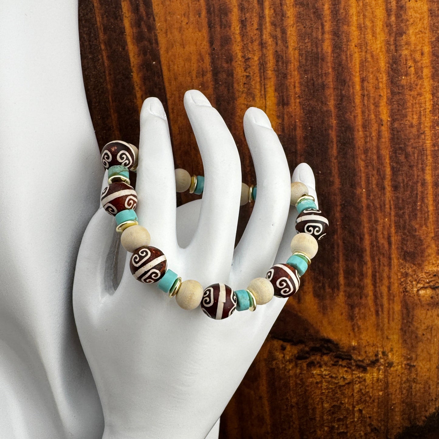 Handpainted Brown Gemstone with Turquoise Magnesite, Off-White, and Gold Beads 7.75"