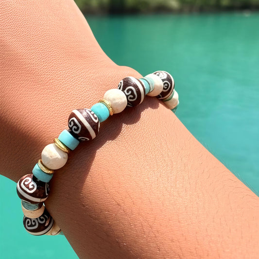 Handpainted Brown Gemstone with Turquoise, Off-White, and Gold Beads 7.75"
