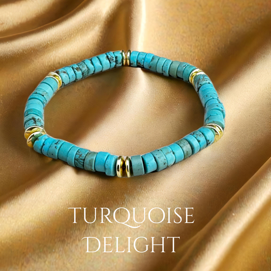 Turquoise Heishe Beaded Bracelet with Gold Accents 7.5"